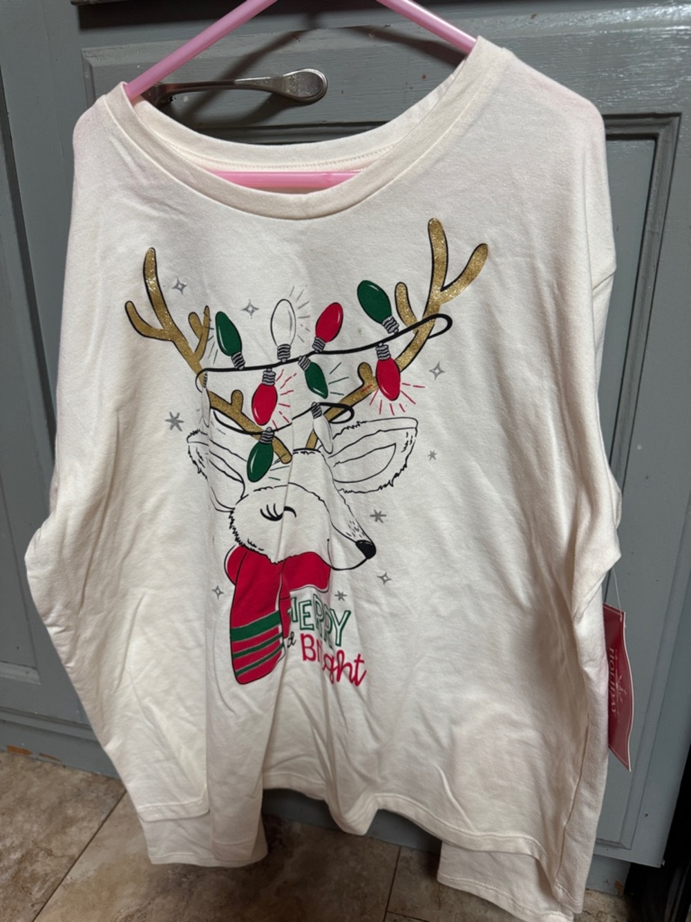 Kids Cream Holiday Reindeer Graphic Long Sleeve Top